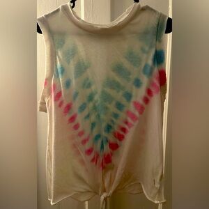 VINTAGE HAVANA, M, Pink, blue & white tie dye tank with crop knot at the bottom.